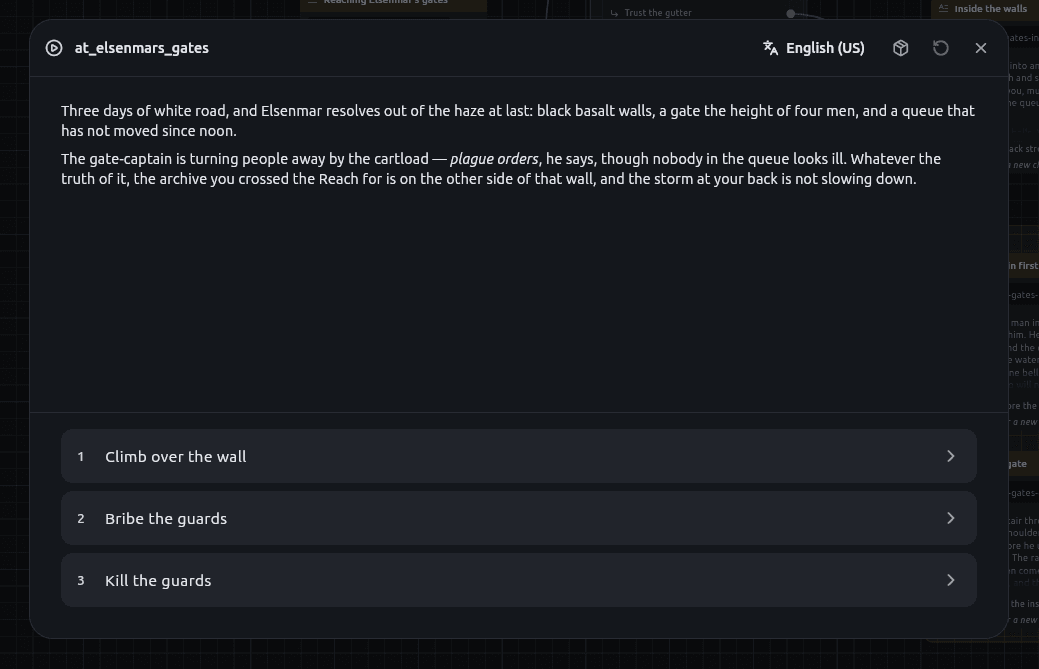 A story being played: rendered prose above a list of choices