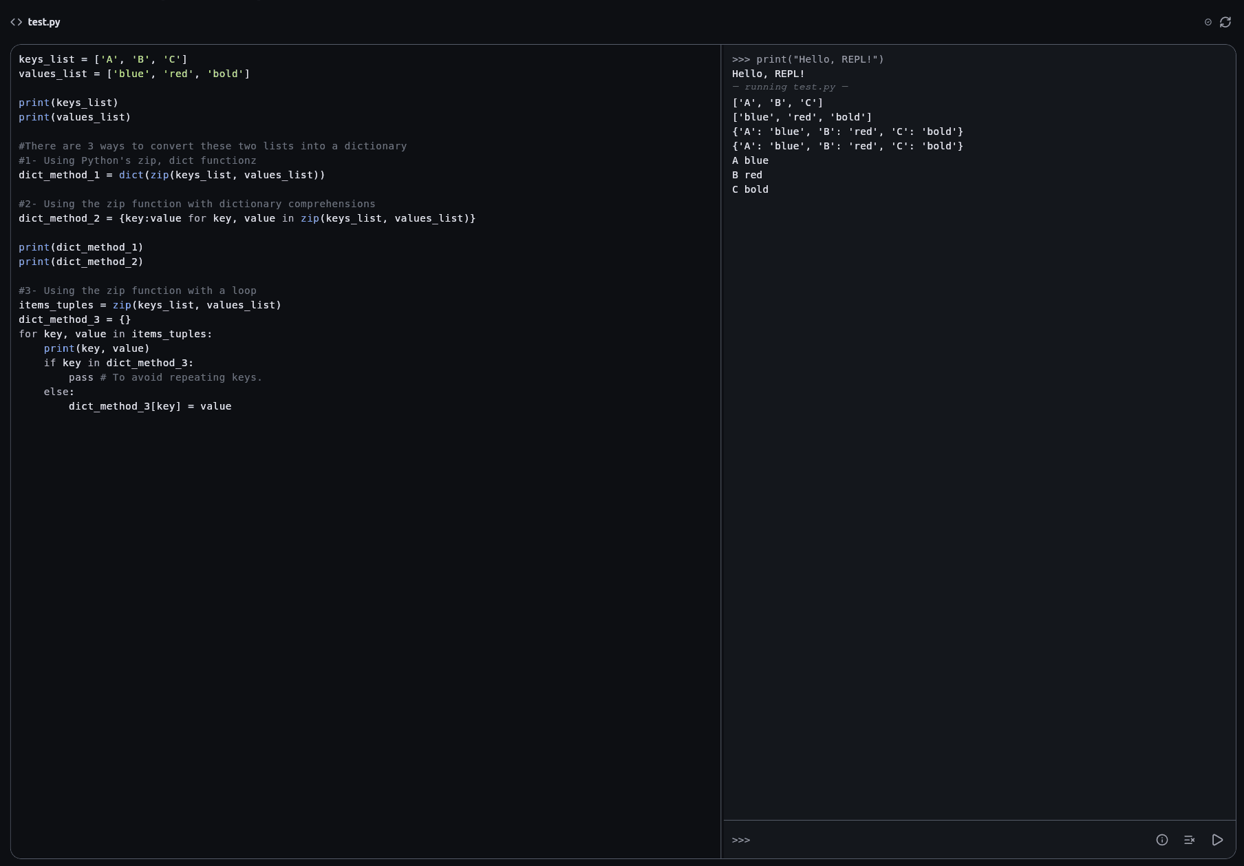 The Python editor, source on the left and an interactive console on the right