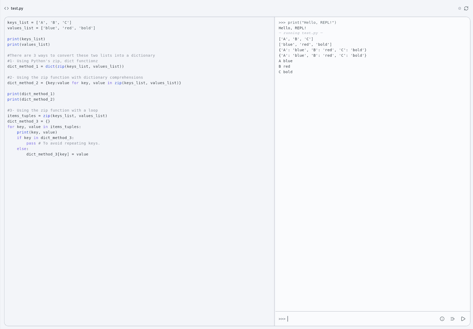 The Python editor, source on the left and an interactive console on the right